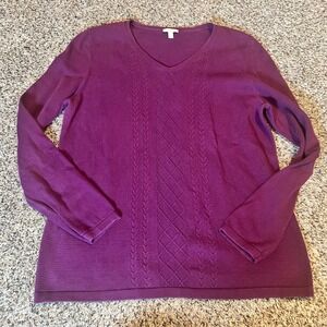 Talbots Womens Purple V Neck Cable Knit Long Sleeve Cotton Sweater‎ Size L